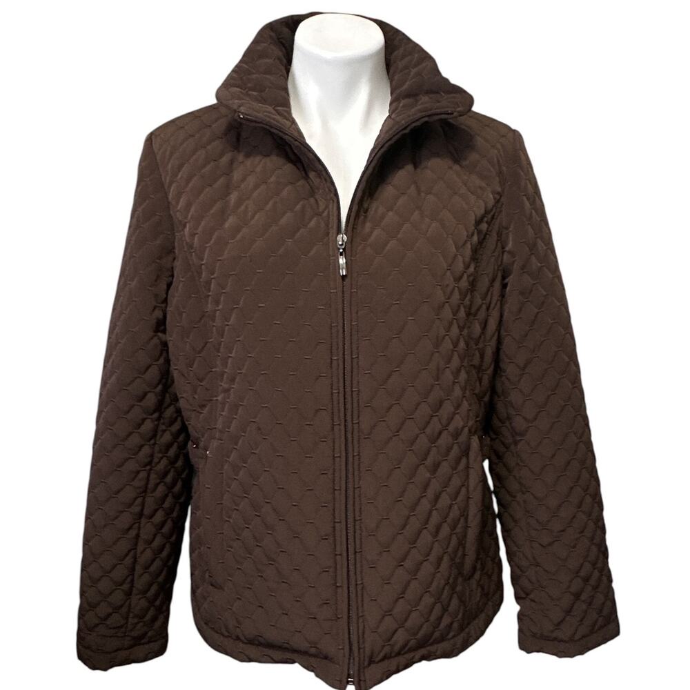 Gallery Quilted Jacket Women L Brown Diamond Zip Belted Tab Moto Equestrian